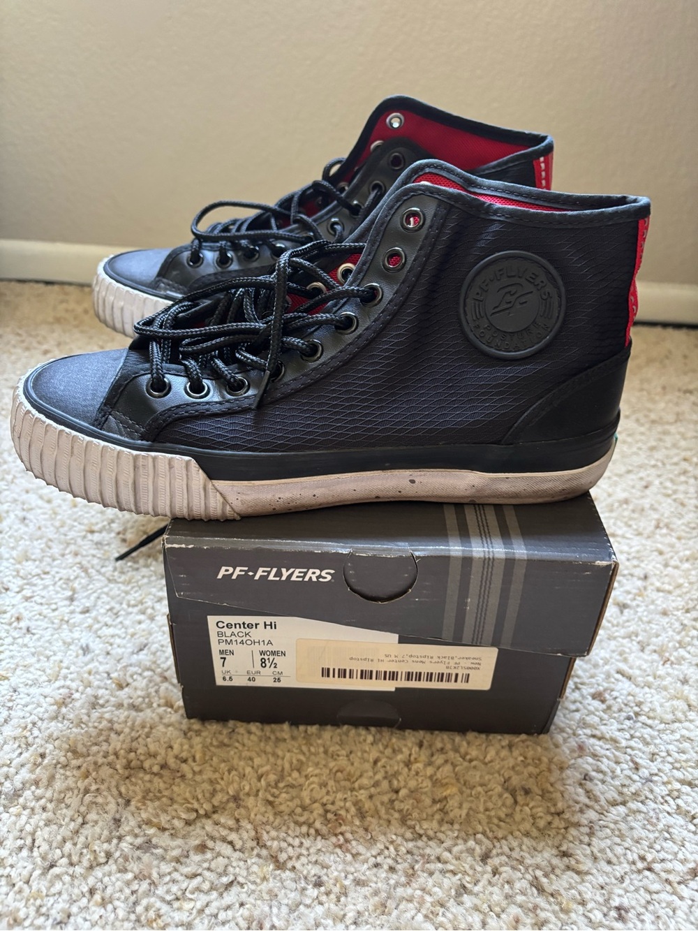 P.F. Flyers Black High-Top Sneakers with Red Heel Stripe